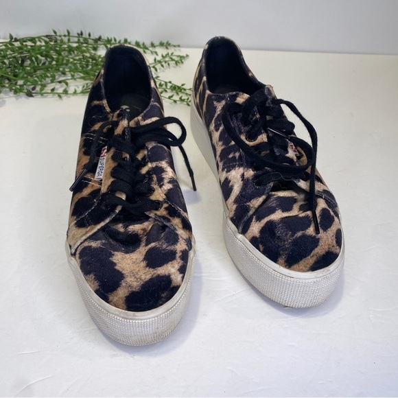 Superga Leopard Cheetah Fanvelvet Platform Sneakers Size 8.5 Black Tan - Picture 2 of 10
